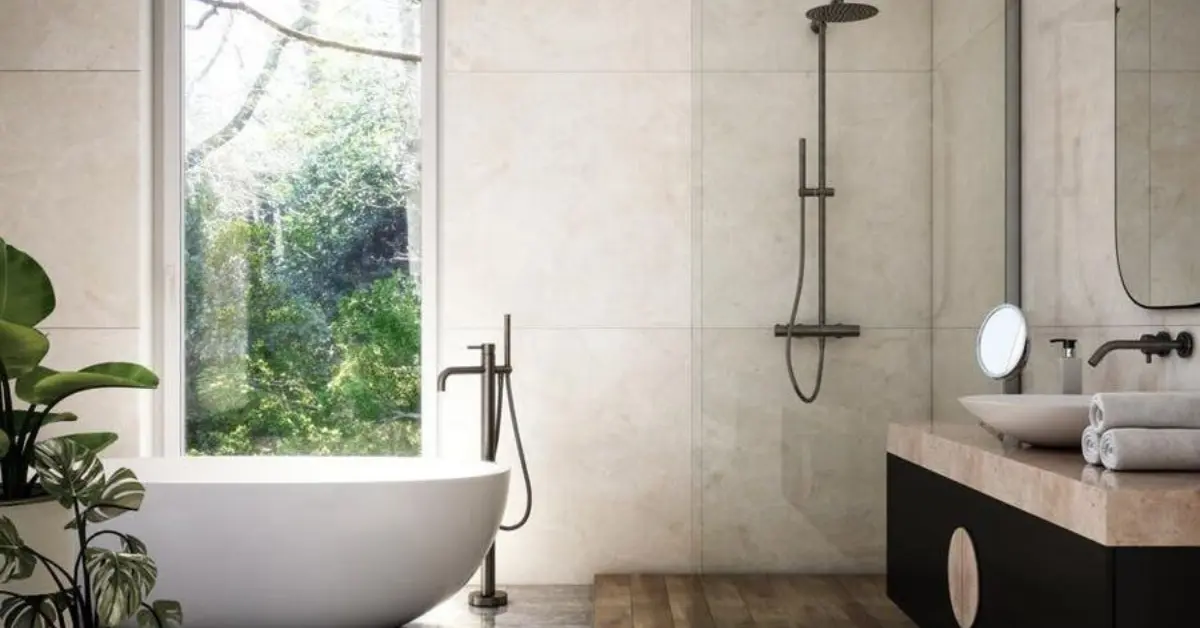 Wall mounted bathroom faucets in modern luxury bathroom interior